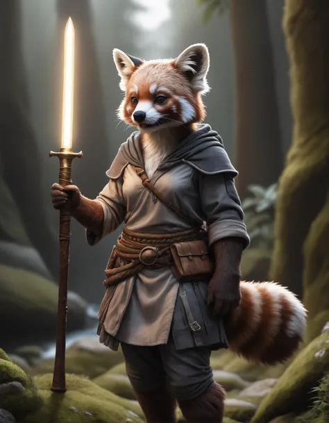 (a anthro red panda_adventurer), (detailed leather outfit),holding sword ,searching for treasure, epic overgrown temple ruin, epic scene, lush plants,dynamic camera, backlight, (close up:1.3), high quality photography, 3 point lighting, flash with softbox,...