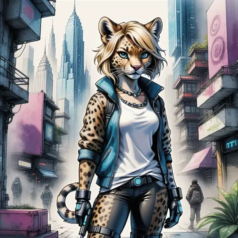 ((detailed  (furry1.4) )) leopard woman, cyberpunk city, cute, funny, centered, award winning watercolor pen illustration, detailed, disney, isometric illustration, drawing, by Stephen Hillenburg, Matt Groening, Albert Uderzo