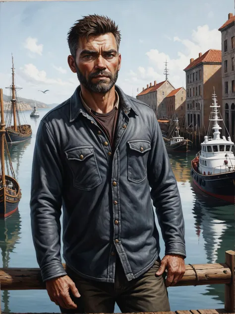 detailed oil painting of a man is standing in a habour on the last day on earth
, detailed, realistic, 8k uhd, high quality