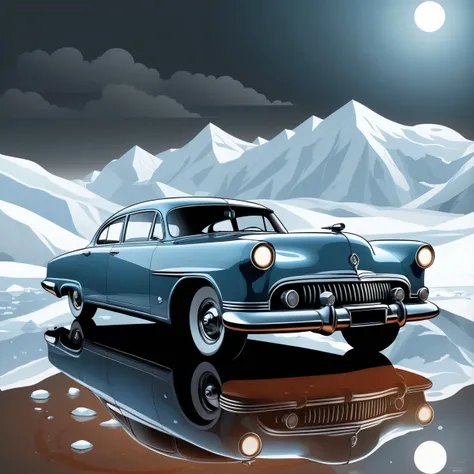 line art drawing (epic ice landscape), masterpiece, ((dieselpunk car)), smoke, best quality, ultra detailed, reflective puddles, metal plates, rust, fluid movement, light trail, dramatic lighting
 . professional, sleek, modern, minimalist, graphic, line ar...