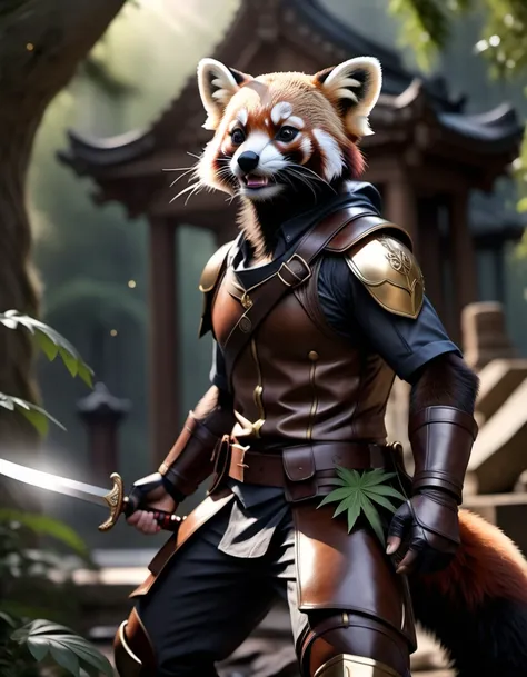 (a anthro red panda_adventurer), (detailed leather outfit),holding sword ,searching for treasure, epic overgrown temple ruin, epic scene, lush plants,dynamic camera, backlight, (close up:1.3), high quality photography, 3 point lighting, flash with softbox,...