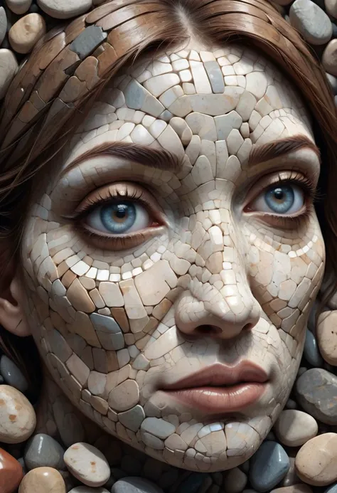 (best quality, 8K, high resolution, masterpiece), ultra detailed, (3D CGI), a mosaic of pebbles forms a womans face