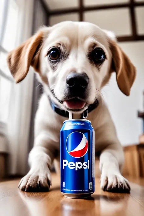 POV candid home photograph, funny dog drink a pepsi, extreme closeup, action shot, motion blur, ("PEPSI")