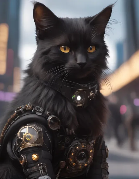 cute black cat sitting , Cyberpunk city , wearing cyberpunk outfit, close-up, amazing fine detail, RAW photo, Nikon D850 film stock photograph Kodak Portra 400 camera f1.6 lens, rich colors, lifelike texture, dramatic lighting, unreal engine, trending on A...