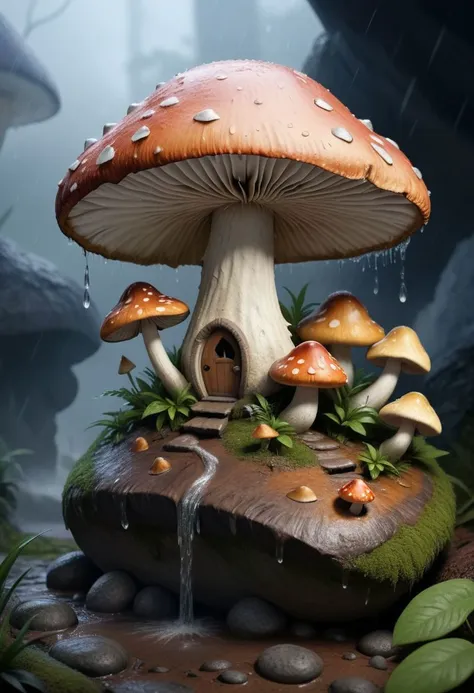 there is a mushroom house on a rock in the middle of a forest