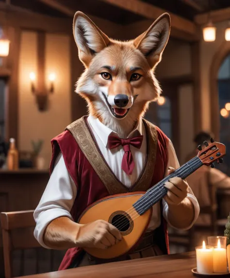 (masterpiece:1.1), (highest quality:1.1), (sharp focus:1.2), (solo focus1.1), (looking at viewer:1.25), portrait of an anthropomorphic coyote wearing bards outfit, ((paws, claws)), holding a lute, playing music, male, open mouth, indoors, tavern, furry, fu...