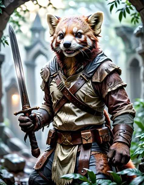 (a anthro red panda_adventurer), (detailed leather outfit),holding sword ,searching for treasure, epic overgrown temple ruin, epic scene, lush plants,dynamic camera, backlight, (close up:1.3), high quality photography, 3 point lighting, flash with softbox,...