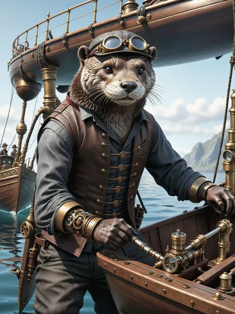 an otter mechanic is repairing his steampunk boat, detailed, realistic, 8k uhd, high quality