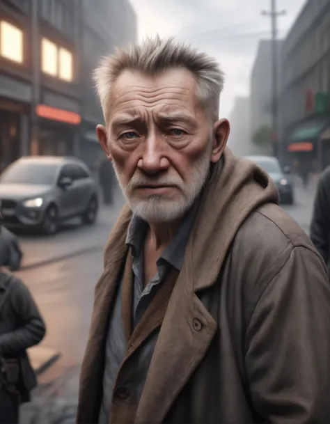 sad old man in a post apocalyptic destroyed city after nuclear blast, newdawn, closeup, high quality photography, 3 point lighting, flash with softbox, 4k, Canon EOS R3, hdr, smooth, sharp focus, high resolution, award winning photo, 80mm, f2.8, bokeh
, de...