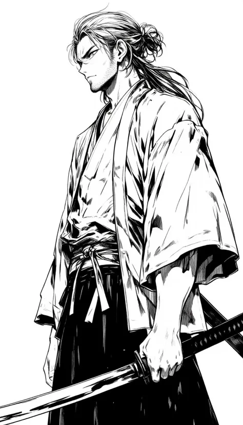 1boy, monochrome, male focus, greyscale, weapon, sword, solo, facial hair, katana, japanese clothes, sheath, beard, sheathed, holding weapon, simple background, kimono, holding, holding sword, white background, long hair, stubble