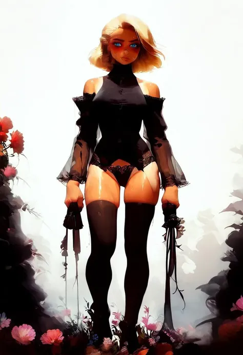 score_9, score_8_up, score_7_up,  1 girl, holding whip, bsdm basement, standing, shiny skin, sweaty, blush, beautiful face, blue eyes, blonde hair, short hair, tan lines, flowers, black lingerie, high heels, solo, black thighhighs, black lace panties, larg...