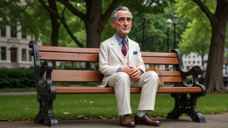 ((caricature full body)) of Forrest sits on a park bench, wearing a white suit and holding a box of chocolates. He talks to a stranger, recounting his incredible life story in a simple and earnest manner. âLife is like a box of chocolates; you never know...