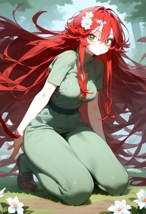 score_9, score_8_up, score_7_up, best quality, source_anime BREAK, Eatsleep1111, 1girl, medium breasts, very long wavy deep red hair, long red eyelashes, small flower-buns on the sides of the head, loose hair, some black locks, green eyes, hair parting in ...