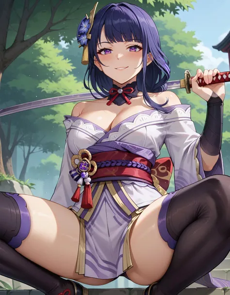 score_9, score_8_up, score_7_up, view from below, 2d, in the forest, ruin, <lora:katana-over-shoulder:1>, katana, holding katana, katana over shoulder,
1girl, large breasts, fit body, sitting on the stone staircase, spread legs, looking at viewer, blush, s...