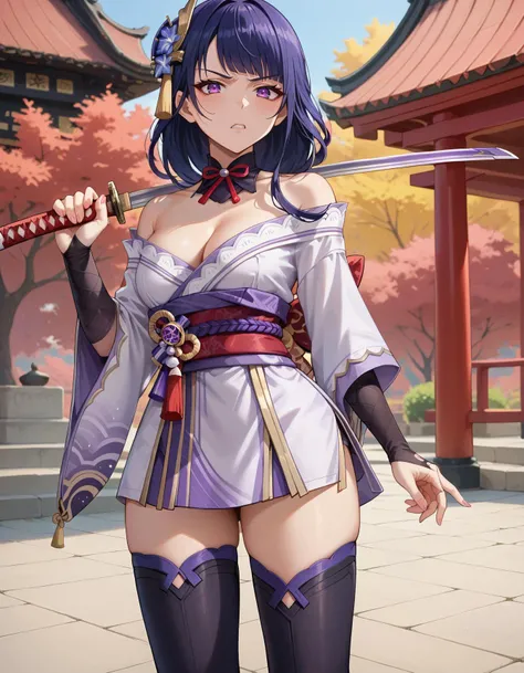 score_9, score_8_up, score_7_up, 2d, japanese temple, <lora:katana-over-shoulder:1>, katana, holding katana, katana over shoulder,
1 japanese girl, large breasts, fit body, standing seductively, looking at viewer, angry,
<lora:raiden-shogun-ingame-ponyxl-l...