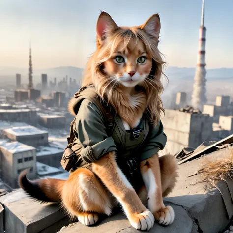 araffe cat wearing a backpack sitting on a ledge overlooking a city