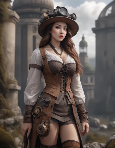 a woman in a steam - punk outfit and hat standing in front of a castle