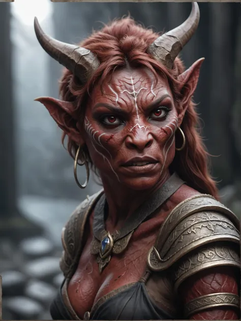 a close up of a woman with horns and a red face