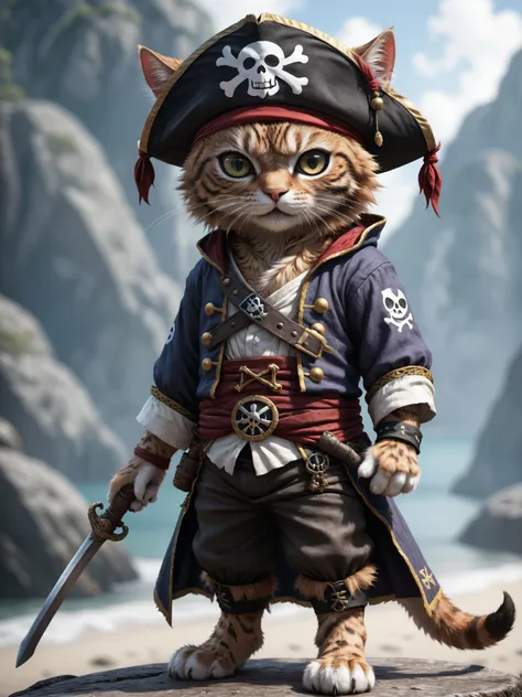 pirate cat with a sword and a hat on a rock