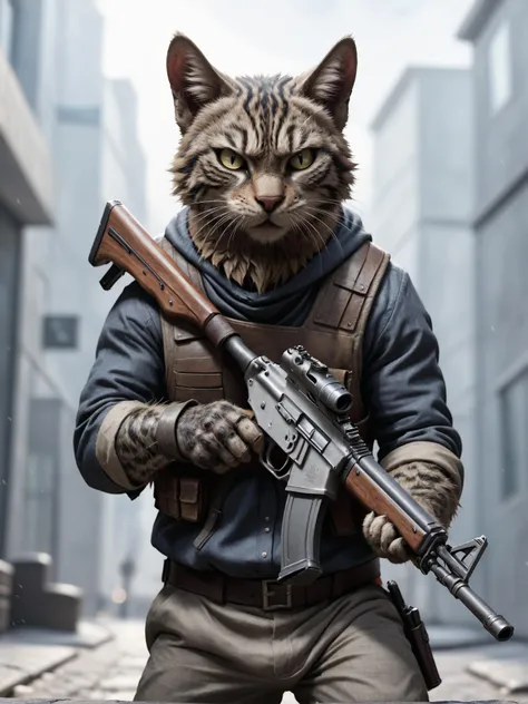 a close up of a cat with a gun in its hand