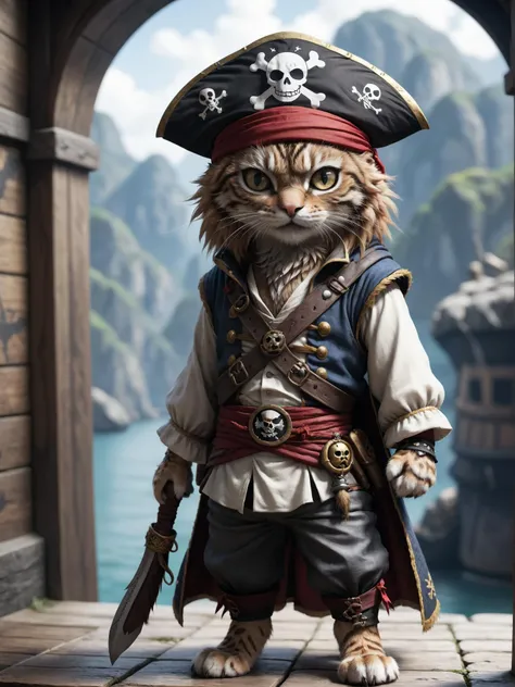 pirate cat with a sword and a hat standing on a dock