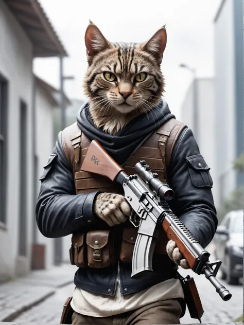 araffe cat in a leather jacket holding a rifle and a gun