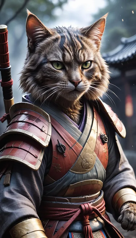 a close up of a cat dressed in armor with a sword