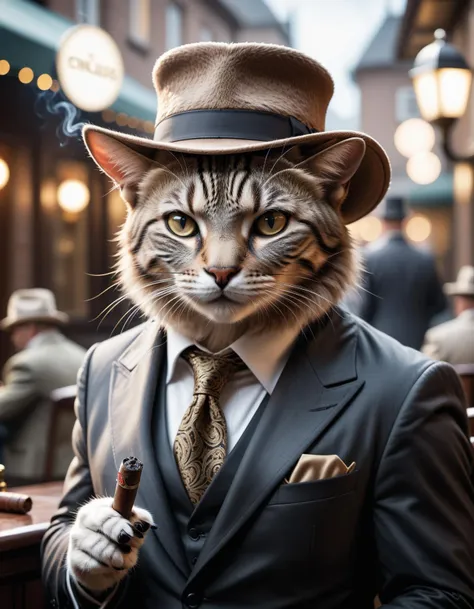 araffe dressed as a cat in a suit and hat smoking a pipe