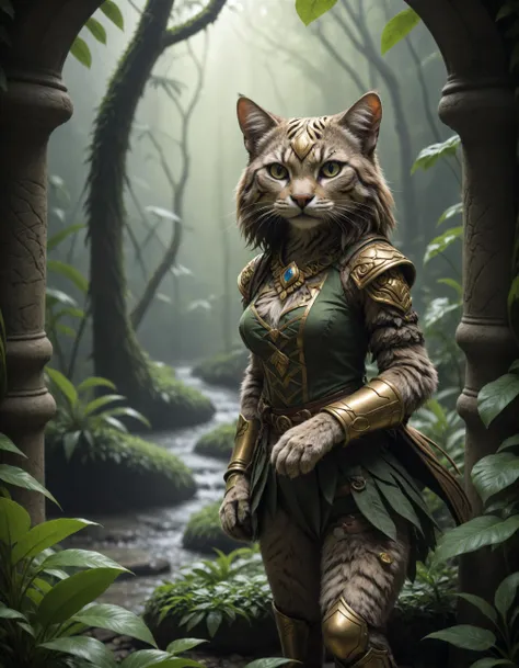 a close up of a cat in a costume standing in a forest