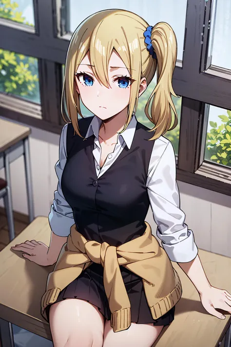 best quality, (masterpiece:1.2), detailed,
<lora:chara_Kaguya-samaWaKokurasetai_HayasakaAi_v1:0.8>,
1girl, solo, expresionless, closed mouth,
blonde hair, blue eyes, side ponytail, scrunchie,
school uniform, cardigan around waist,
sitting, looking at the v...