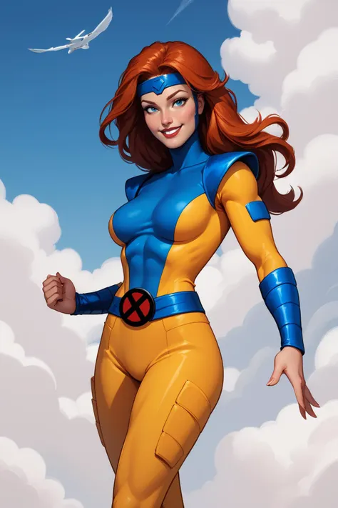 a woman in a blue and yellow costume is flying through the air