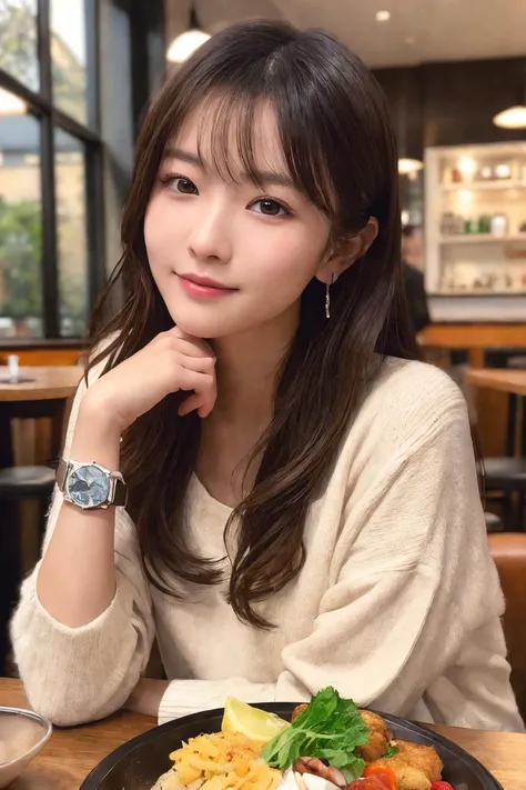 best quality, masterpiece, Ultra high res, 8k, RAW photo-realistic, real person, High detail color photo, Lunch time at stylish cafe, table, BREAK
Slim body, Small hips, Beautiful japanese woman like a goddess, Enchanting slender face, Smaile, (medium hair...