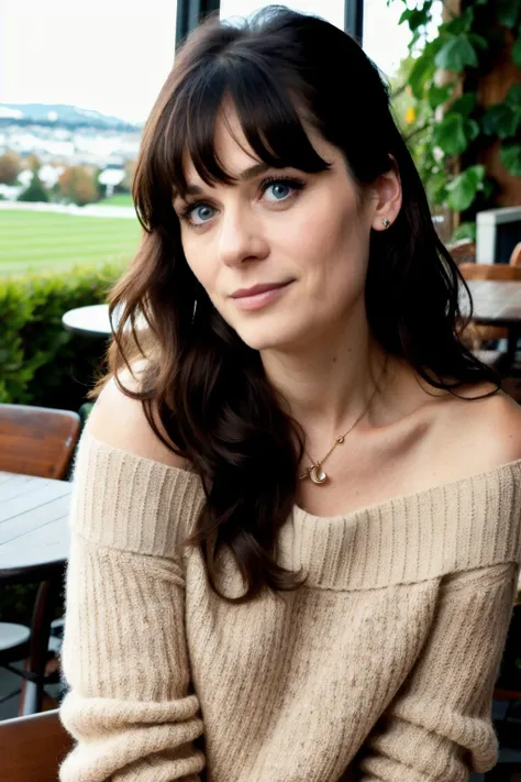 zoeyd1  piercing eyes, looking straight, very happy,long hair, wearing an off-shoulder sweater, choker, closeup portrait, in a outdoor cafe in 2015, afternoon light