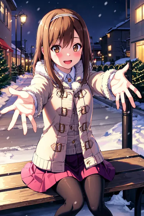 masterpiece, best quality, highres, an1, brown eyes, thighhighs, blush, skirt, hairband, coat, <lora:aoyama_nanami_v1:0.6>, outdoors, snow, street, bench, sitting, christmas, reaching out, smile, open mouth, outstretched arms,