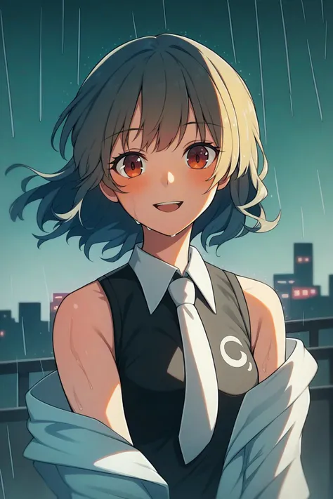 anime girl in a black dress and tie standing in the rain