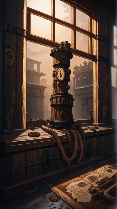 there is a clock tower sitting in front of a window