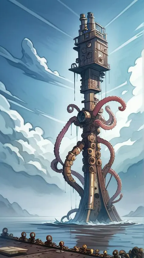 a painting of a tower with a giant octopus on top of it