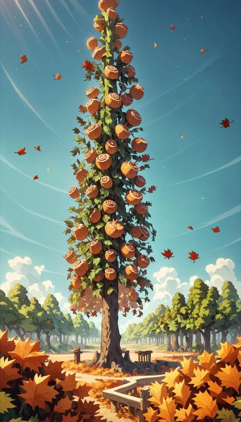 a painting of a tree with pumpkins on it in a park