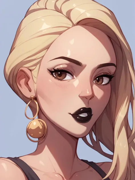 a close up of a woman with blonde hair and black lipstick