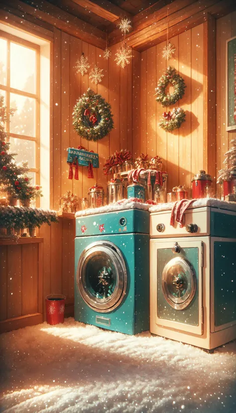 a close up of a washing machine in a room with a christmas tree