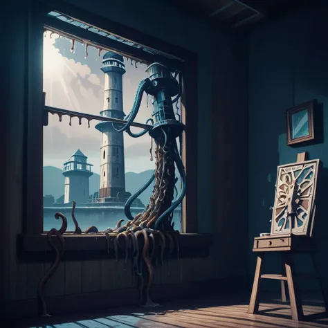 there is a painting of a squid in a room with a window