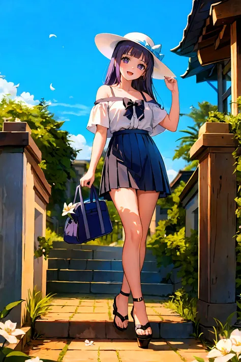 1girl, fern (sousou no frieren), solo, skirt, hat,bag, black skirt, smile, looking at viewer, flower, sandals, bangs,standing,  off-shoulder shirt, open mouth, white shirt, bare shoulders, full body,  alternate costume, black footwear, sun hat, bare legs, ...