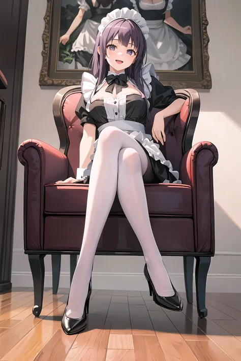 a close up of a woman sitting on a chair in a room