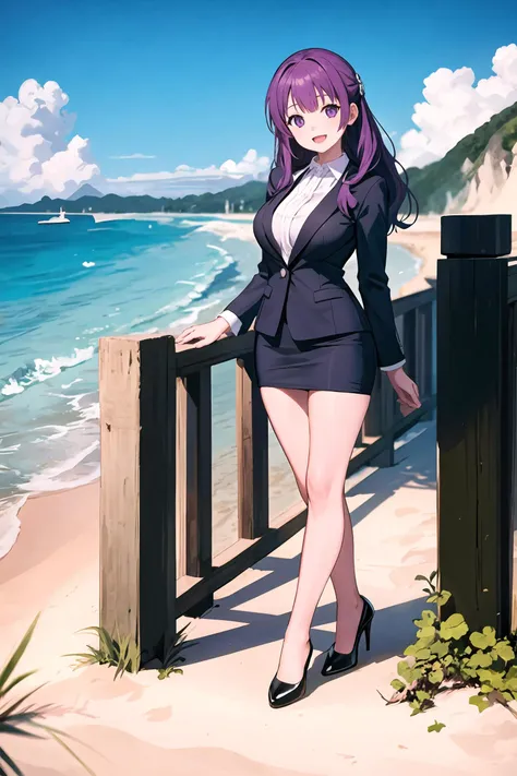 1girl,fern (sousou no frieren),solo,light smile,double v,looking at viewer,smile,open mouth,beach,depth of field,<lora:Milf:0.8>,milf,middle breasts,mature female masterpiece,best quality,masterpiece,plan,full body,business attireï¼standing,