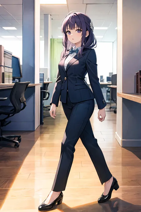 anime character in business attire walking in an office