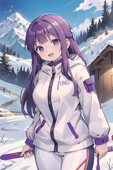 1girl, fern (sousou no frieren), solo, ski suit,  at the outdoor ski resort, open mouth, blush, smile,looking at viewer, cowboy shot,  depth of field, <lora:Milf:0.8> milf, mature female masterpiece, best quality, masterpiece