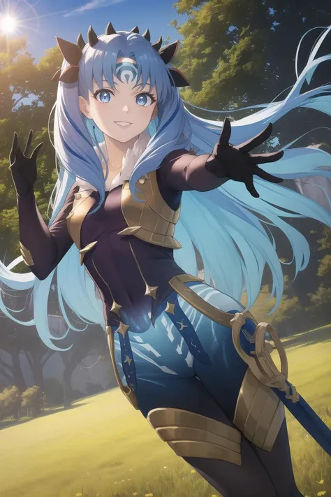 a woman in a blue dress holding a sword in a field