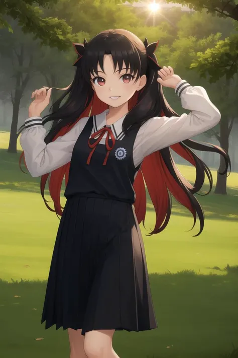 anime girl with long hair and school uniform standing in a park