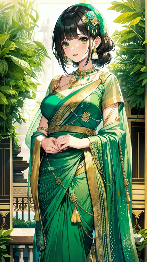 <lora:IndianSaree V3:0.3> Indian dress, saree, sari, blouse, intricate details, vibrant colors,  green color dress, cloth texture,