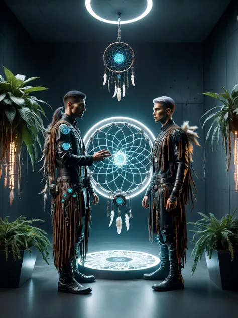 two men in leather outfits stand in front of a circular light